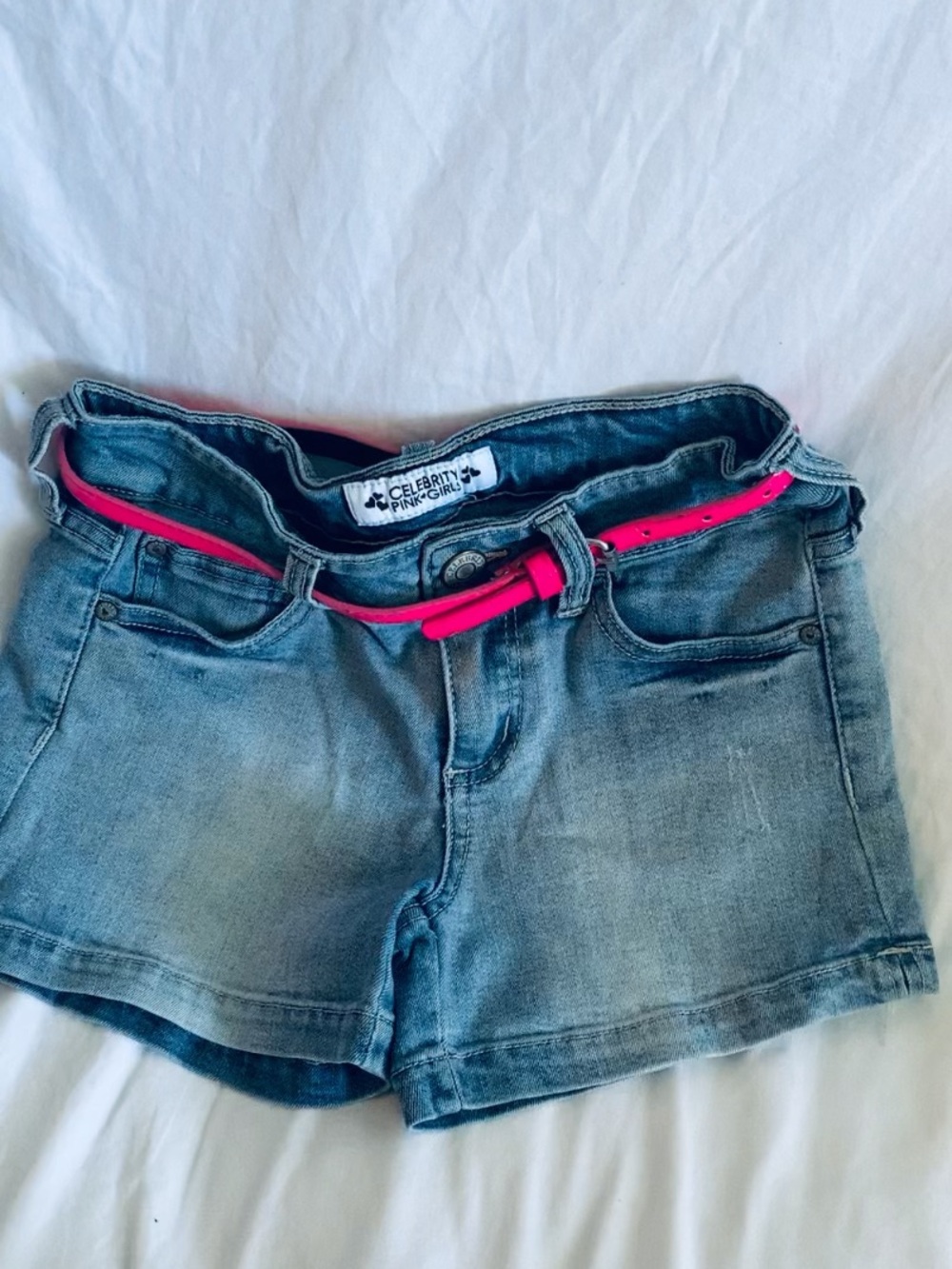 Celebrity Pink Light Blue Denim Shorts with Hot Pink Belt